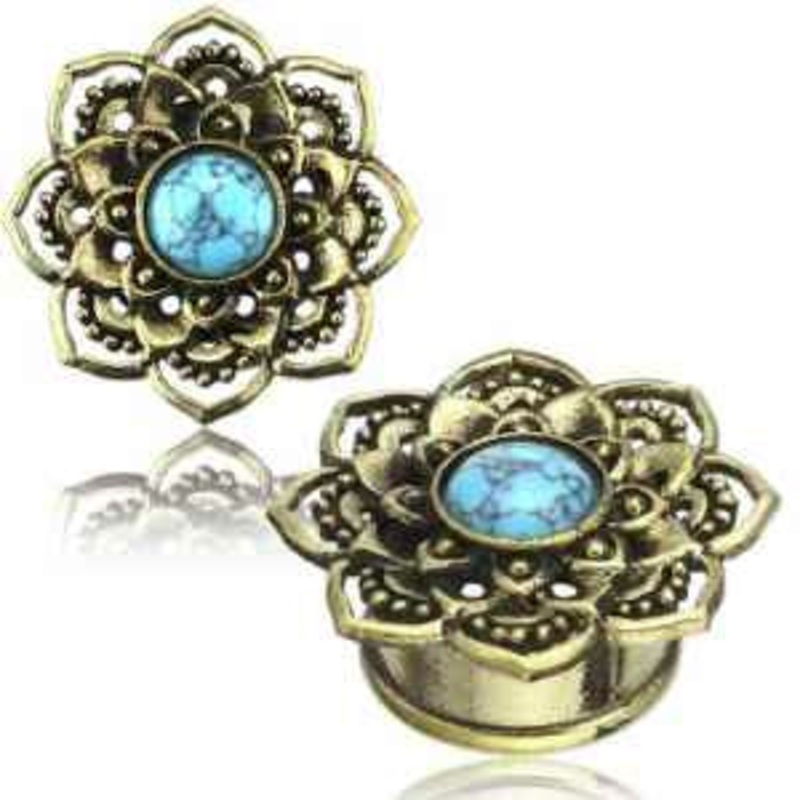 Turquoise & Yellow Brass Lotus Plugs 0 gauge (8mm) Yellow Brass Pair