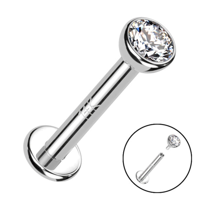 16g Bezel CZ White 14k Gold Labret 16g – 1/4″ long (6mm) Clear White 14k Gold