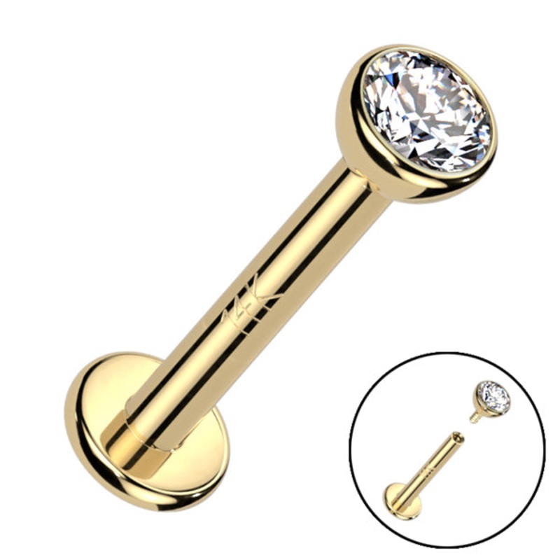 16g Bezel CZ Yellow 14k Gold Labret 16g – 1/4″ long (6mm) Clear Yellow 14k Gold