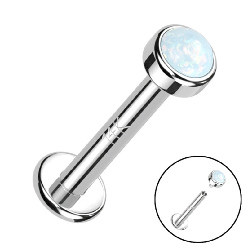 16g Bezel Opal White 14k Gold Labret 16g – 1/4″ long (6mm) White White 14k Gold