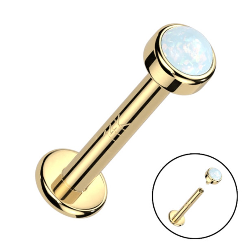 16g Bezel Opal Yellow 14k Gold Labret 16g – 1/4″ long (6mm) White Yellow 14k Gold