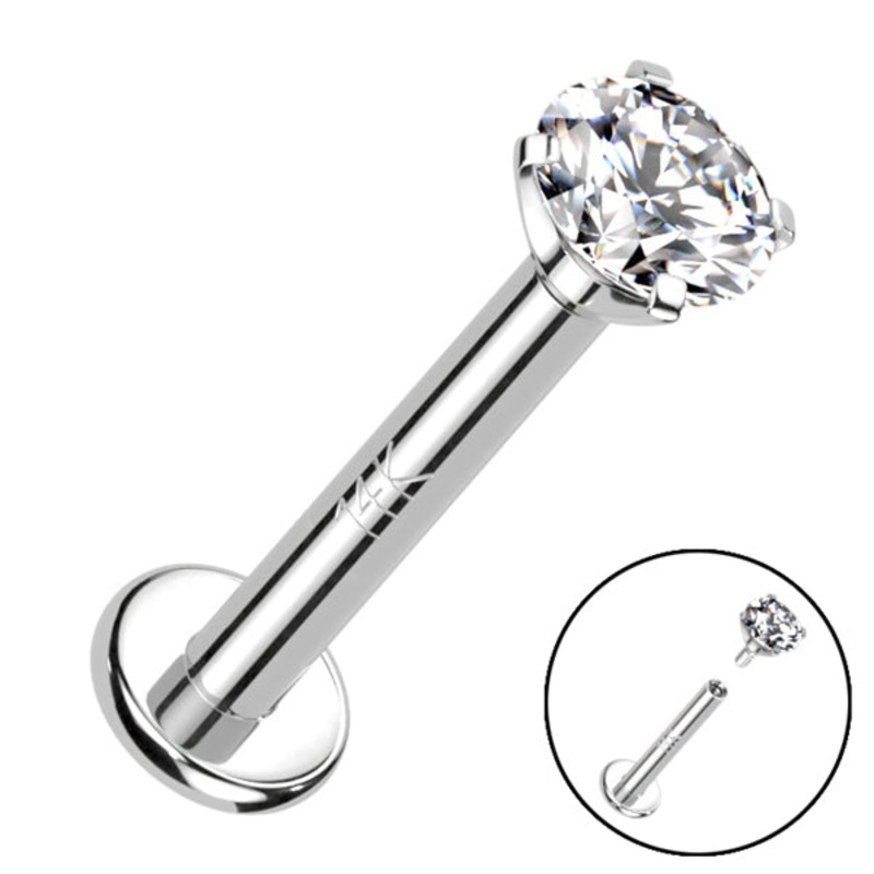 16g Prong CZ White 14k Gold Labret 16g – 1/4″ long (6mm) Clear White 14k Gold