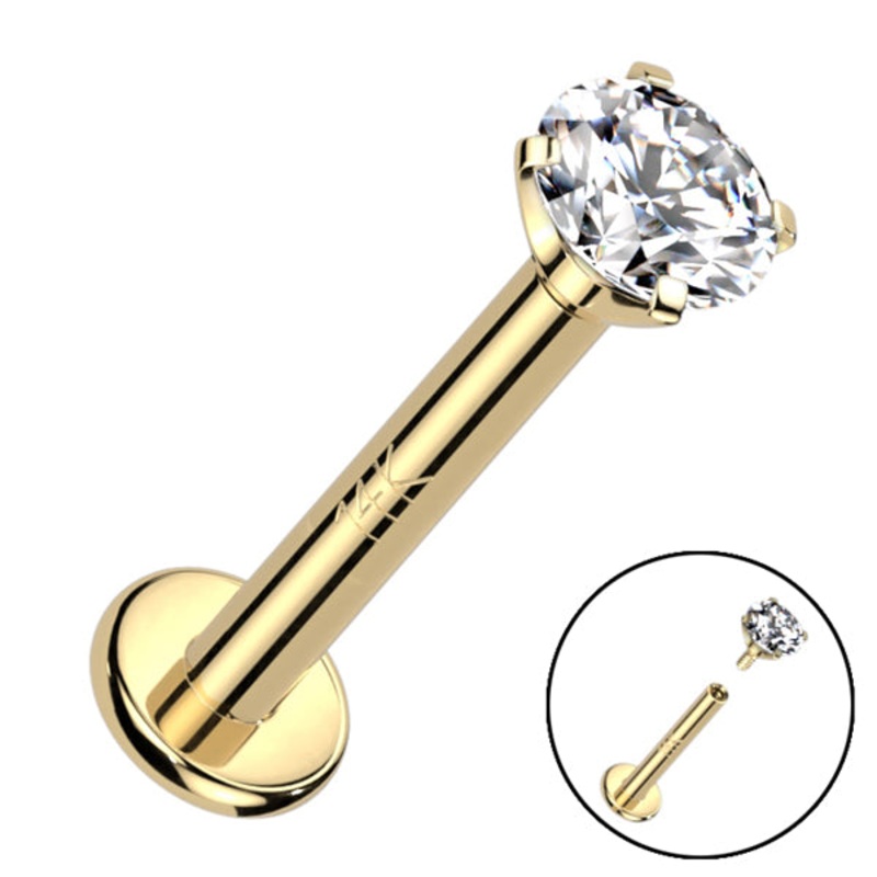 16g Prong CZ Yellow 14k Gold Labret 16g – 1/4″ long (6mm) Clear Yellow 14k Gold