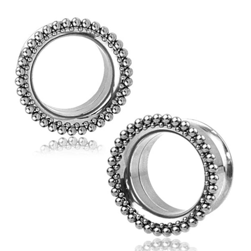 Beaded Stainless Tunnels 1/2 inch (12mm) Stainless Steel Pair