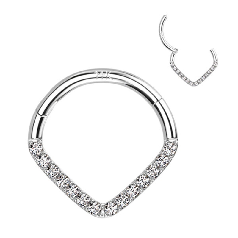V-Shaped CZ White 14k Gold Hinged Segment Ring 16g – 5/16″ diameter (8mm) Clear White 14k Gold