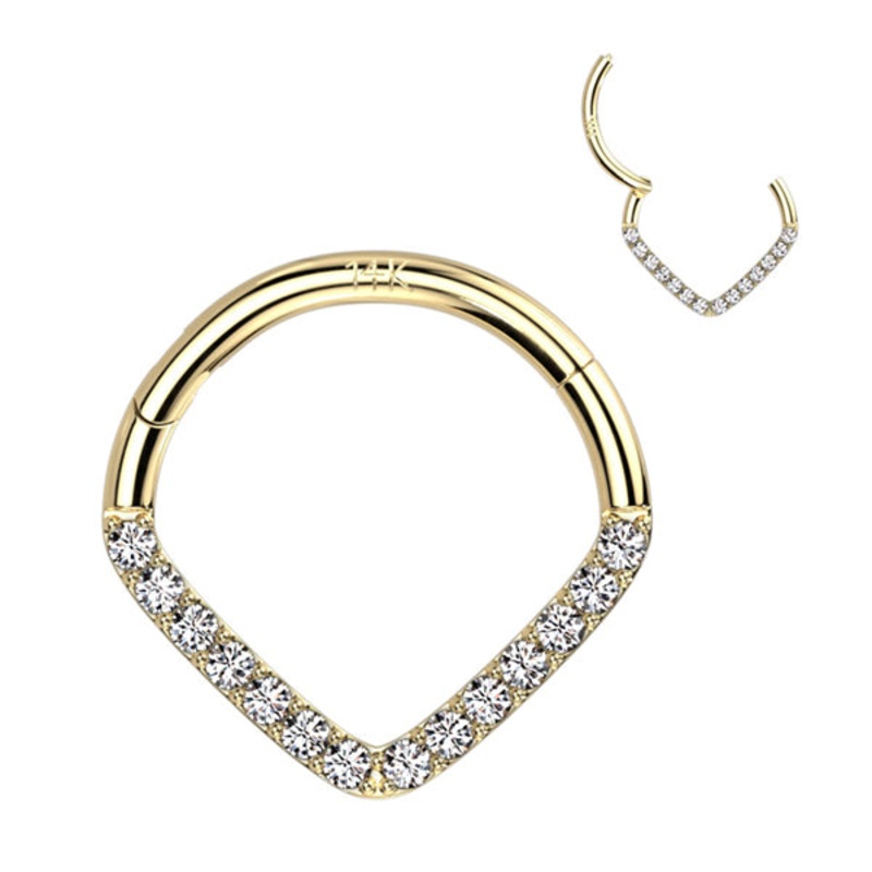 V-Shaped CZ Yellow 14k Gold Hinged Segment Ring 16g – 5/16″ diameter (8mm) Clear Yellow 14k Gold