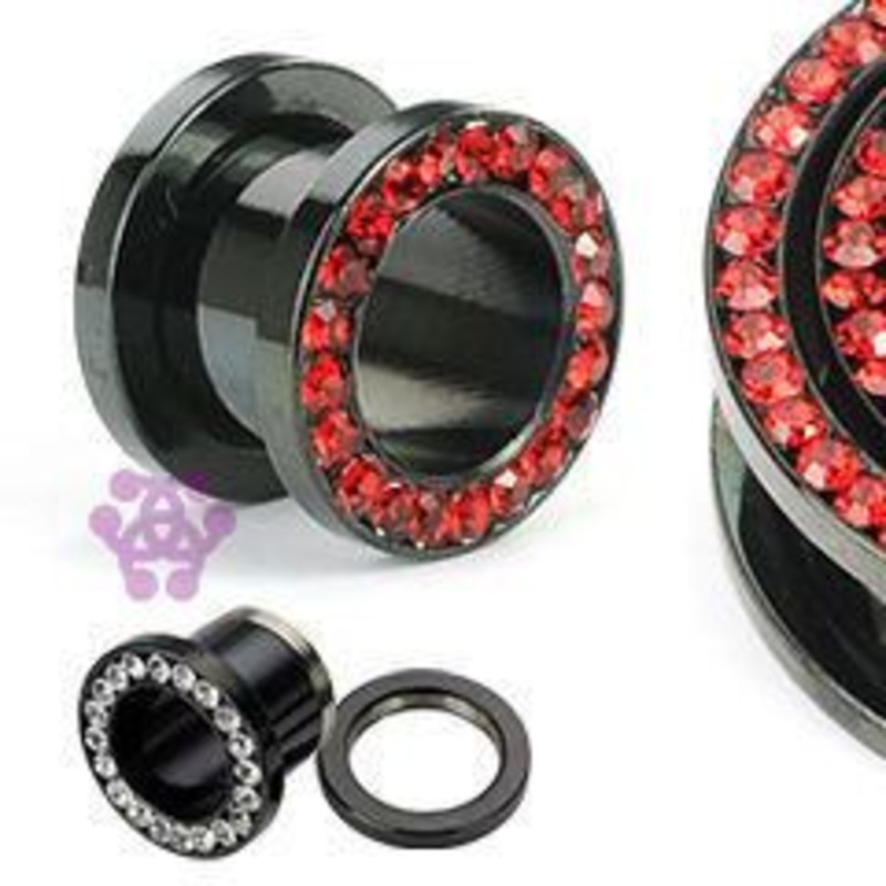 Red CZ Black Screw-On Tunnels 3/4 inch (19mm) Red Pair