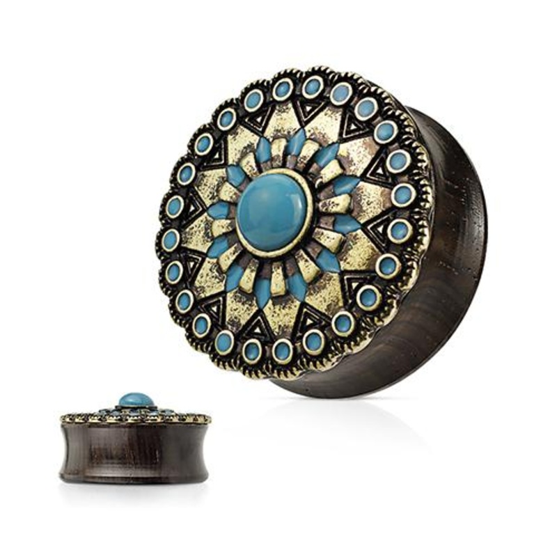 Turquoise Enamel Sun Shield Plugs 00 gauge (10mm) Dark Wood & Brass Pair