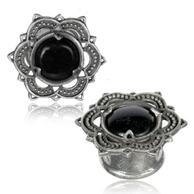 White Brass & Onyx Bali Lotus Plugs 1/2 inch (12mm) White Brass Pair