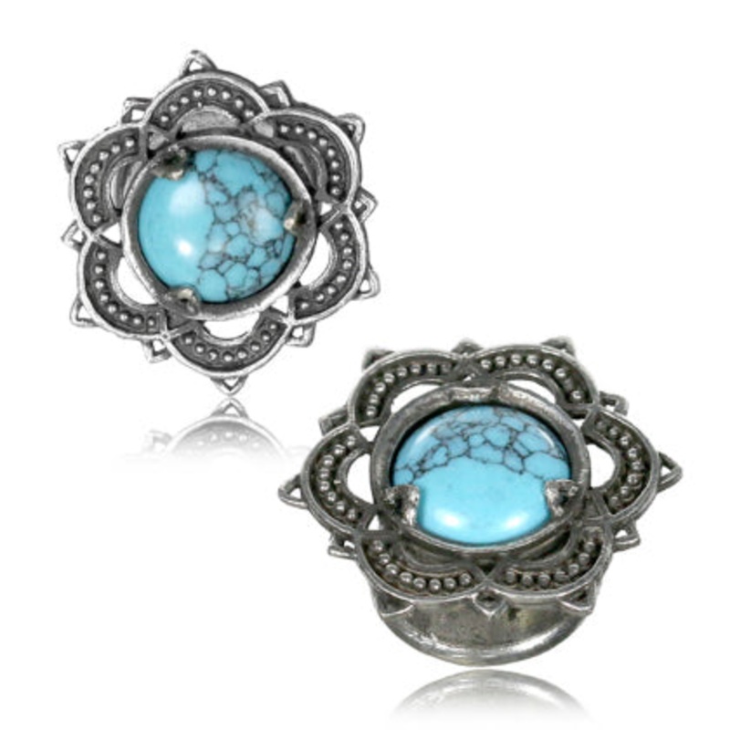 White Brass & Turquoise Bali Lotus Plugs 1/2 inch (12mm) White Brass Pair