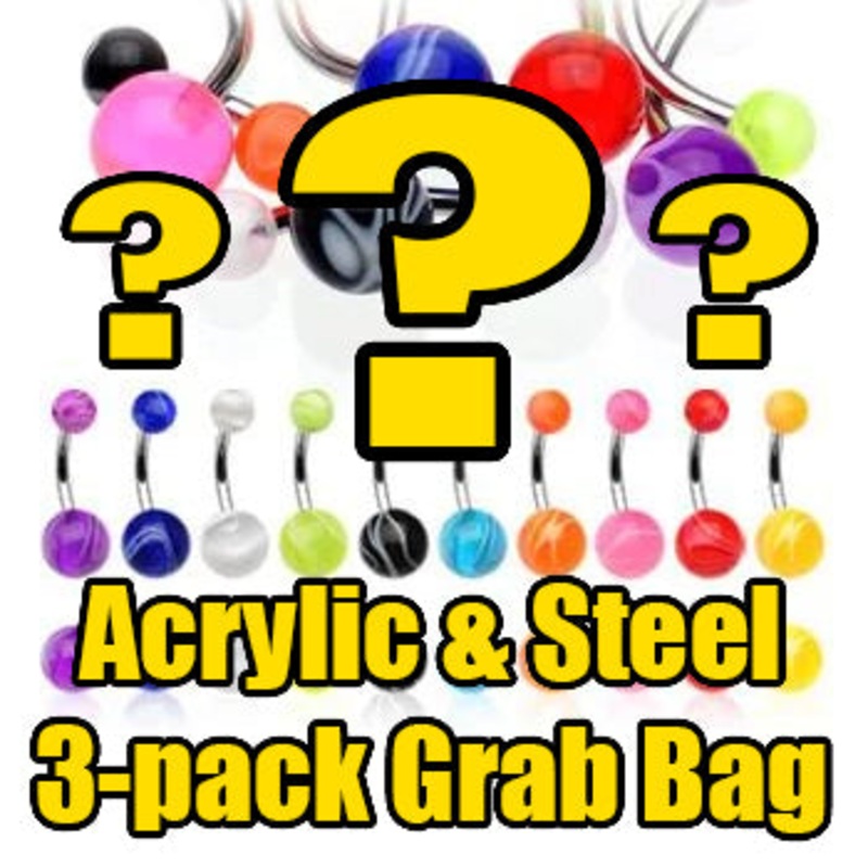 Acrylic & Steel Belly Ring Grab Bag (3-Pack) 14g – 3/8″ long (10mm) Assorted 3-Pack