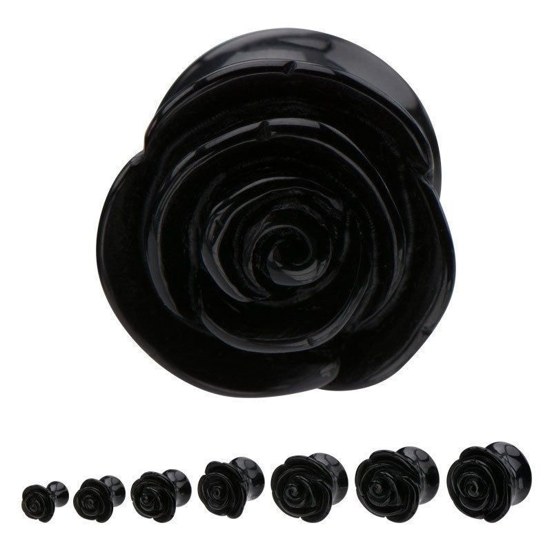 Black Acrylic Rose Plugs 9/16 inch (14mm) Black Pair