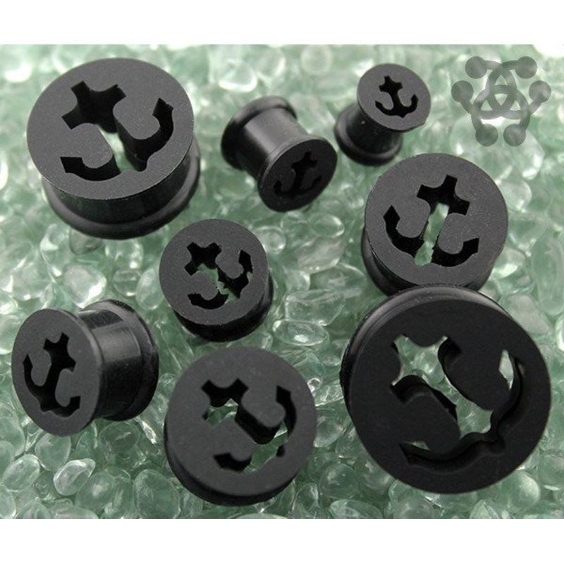 Black Anchor Cutout Silicone Tunnels 2 gauge (6mm) Black Pair