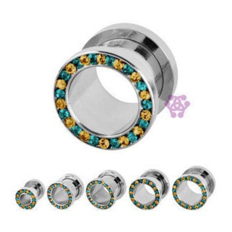 Blue & Yellow CZ Screw-On Tunnels 2 gauge (6mm) Stainless Steel Pair