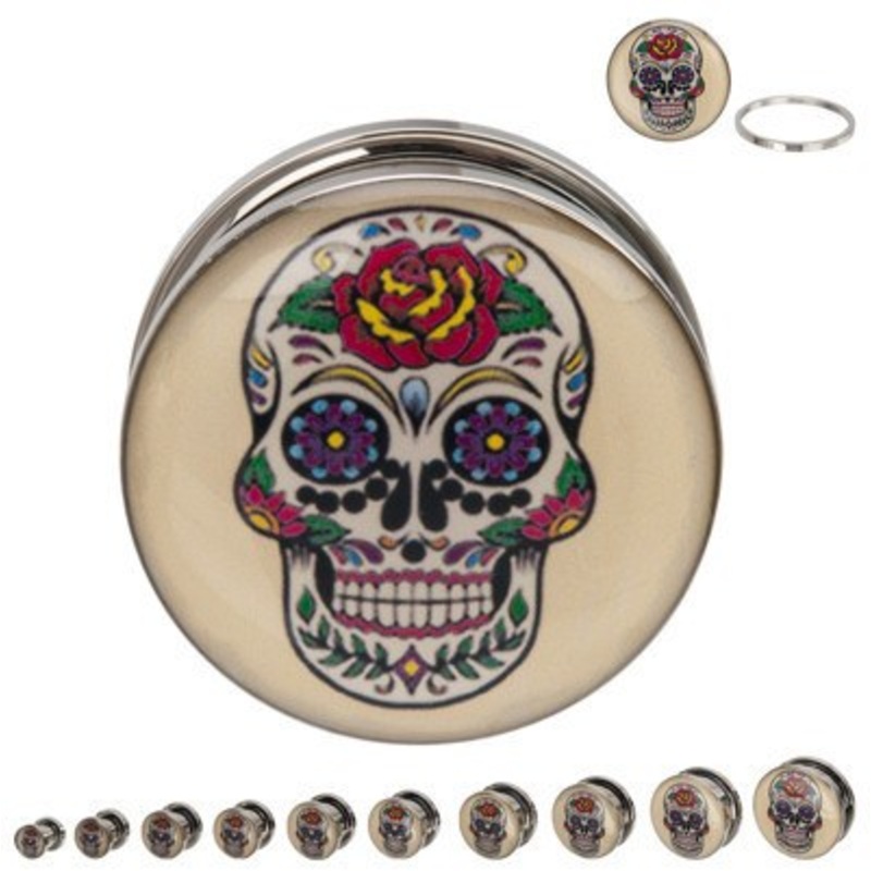 Sugar Skull Stainless Screw-On Plugs 7/16 inch (11mm) Stainless Steel Pair
