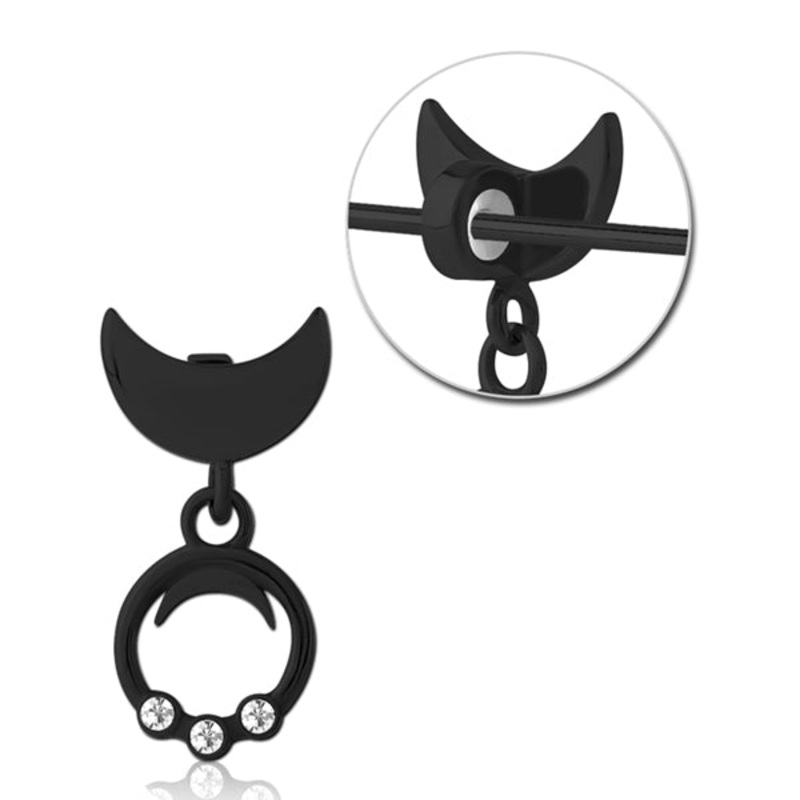CZ Moon Dangle Black Barbell Charm 7.8x15mm Black