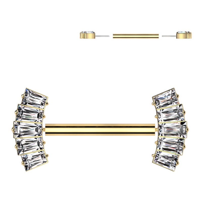 5-Baguette CZ Threadless Titanium Nipple Barbells 14g – 15/32″ long (12mm) Clear Gold Titanium