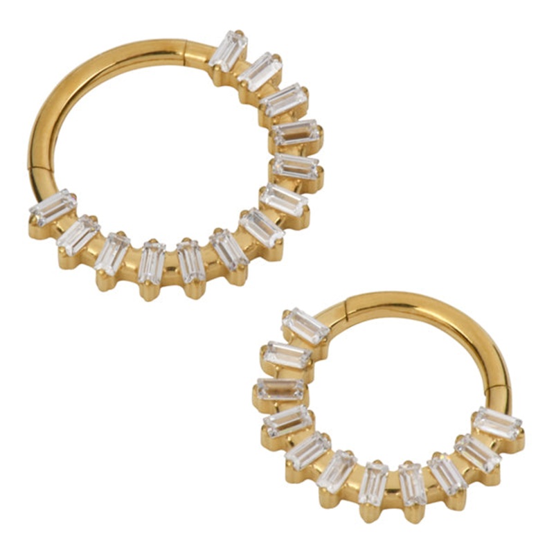 Baguette Fan Gold Titanium Hinged Ring 16g – 5/16″ diameter (8mm) Clear Gold Titanium