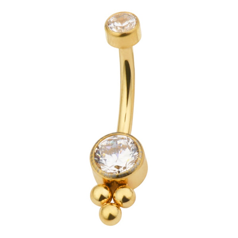 Beaded CZ Gold Titanium Belly Barbell 14g – 3/8″ long (10mm) Clear Gold Titanium