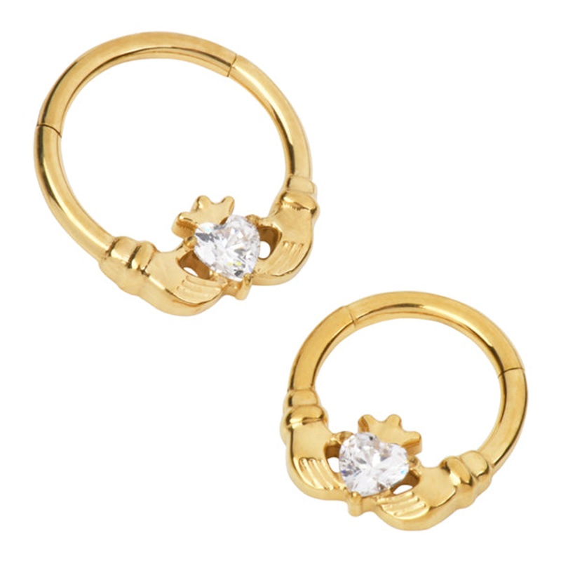 Claddagh Gold Titanium Hinged Ring 16g – 5/16″ diameter (8mm) Clear Gold Titanium