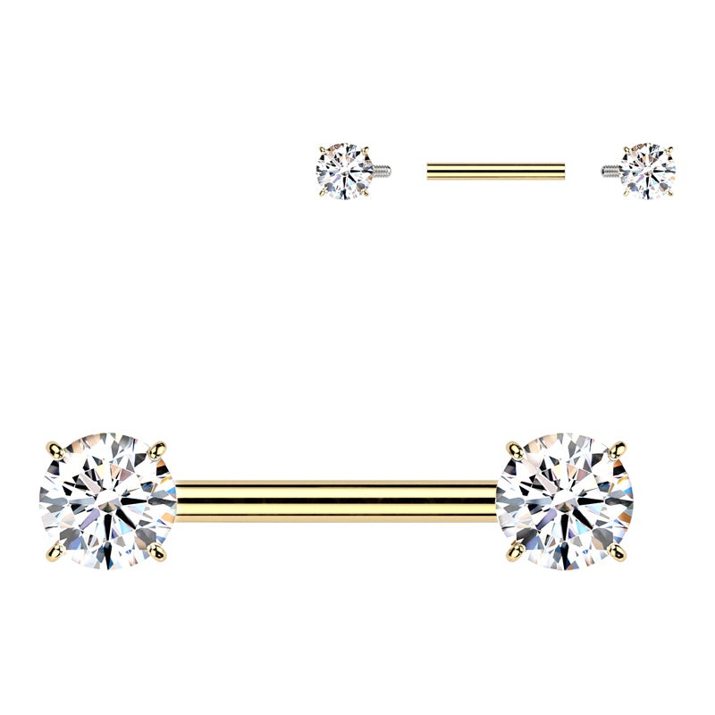 CZ Gold Titanium Nipple Barbells 14g – 15/32″ long (12mm) – 5mm balls Clear Gold Titanium