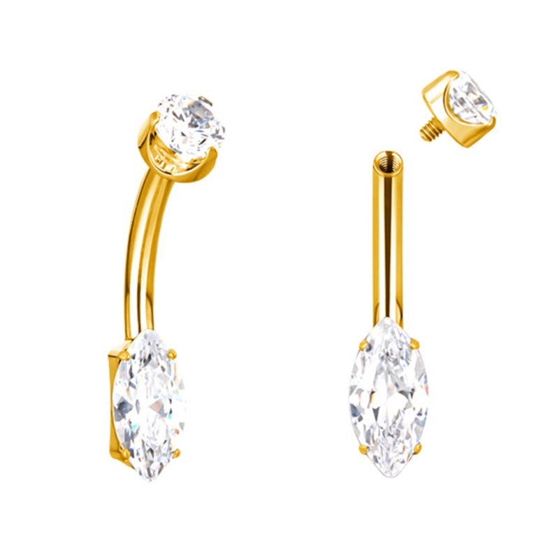 Marquise CZ Gold Titanium Belly Barbell 14g – 3/8″ long (10mm) Clear Gold Titanium
