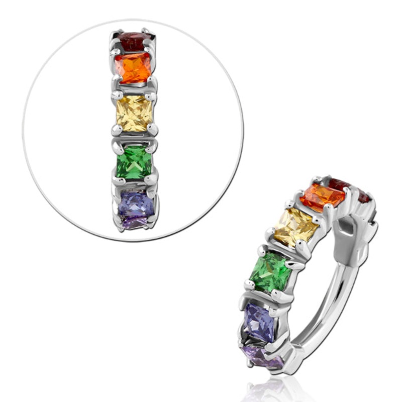 Rainbow CZ Stainless Hinged Ring 16g – 5/16″ diameter (8mm) Multicolor Stainless Steel