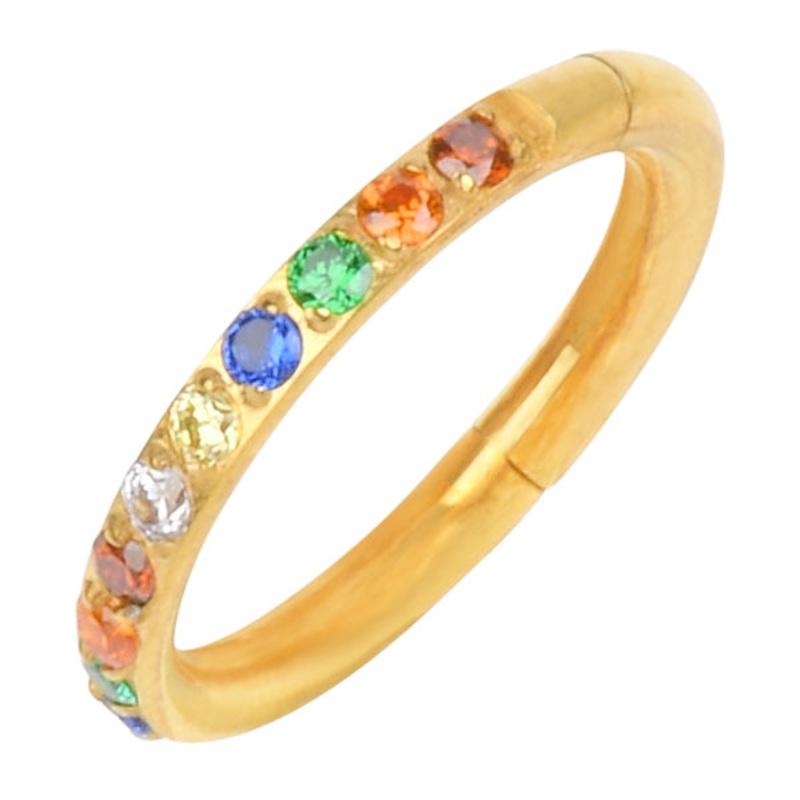 Rainbow Side CZ Gold Titanium Hinged Ring 16g – 5/16″ diameter (8mm) Multicolor Gold Titanium
