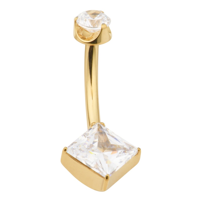 Square CZ Gold Titanium Belly Barbell 14g – 3/8″ long (10mm) Clear Gold Titanium