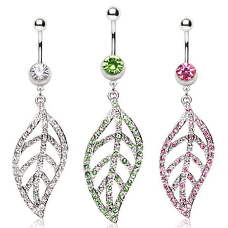 Large Gem Paved Leaf Belly Bar 14G Clear