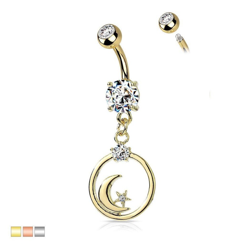 Moon Star Dangle Belly Bar 14G Gold