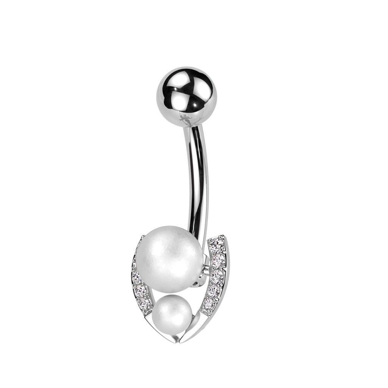 Double Pearl Belly Bar 14G Gold