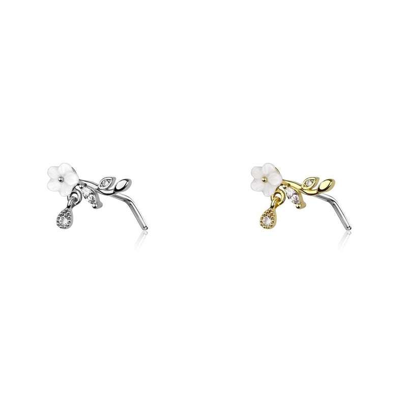 Flower Cluster Dangle Nose L Bend 20G Gold
