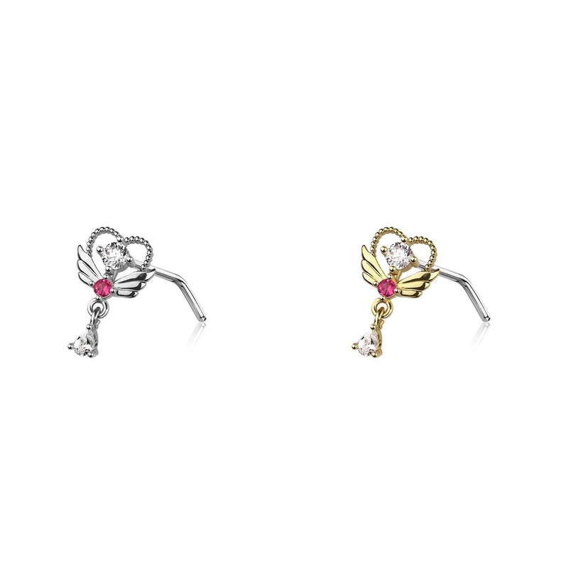 Wing Heart Dangle Nose L Bend 20G Gold
