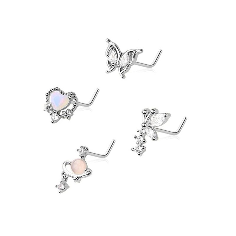 4pc Nose L Bend 20G Butterfly & Heart Gold