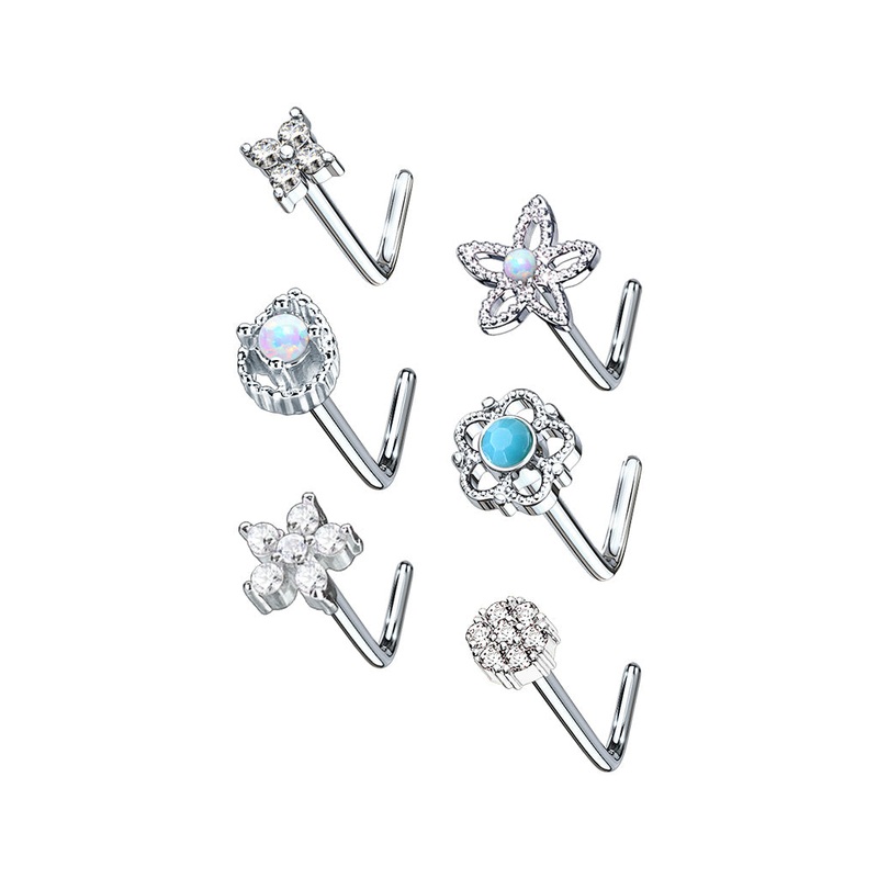 6pc Turquoise and Opal Nose L Bend and Retainer 20G