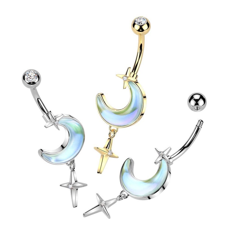 Aurora Moon Star Dangle Belly Bar 14G Gold