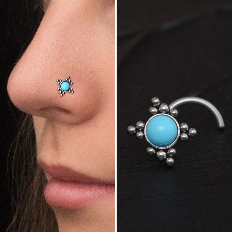 Turquoise Nose Stud Ring Titanium