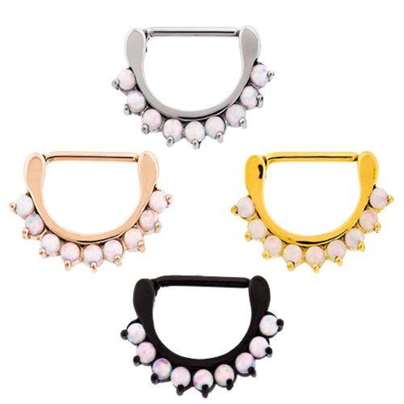 1 Row Opal Nipple Clicker – 1 Piece 14G (1.6mm) Length: 9/16″ (14mm) Jewelry: GOLD PVD