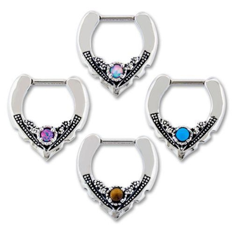 16g Vintage Septum Clicker / Daith Clicker Style1 – 1 Piece 16G (1.2mm) Inner Diameter: 1/4″ (6mm) Gem: TURQUOISE DYED HOWLITE