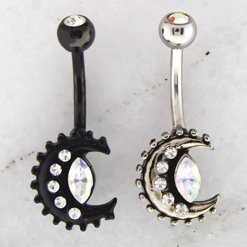 Beaded Gemmed Crescent Belly Ring 14G (1.6mm) Length: 3/8″ (10mm) Jewelry: BLACK PVD
