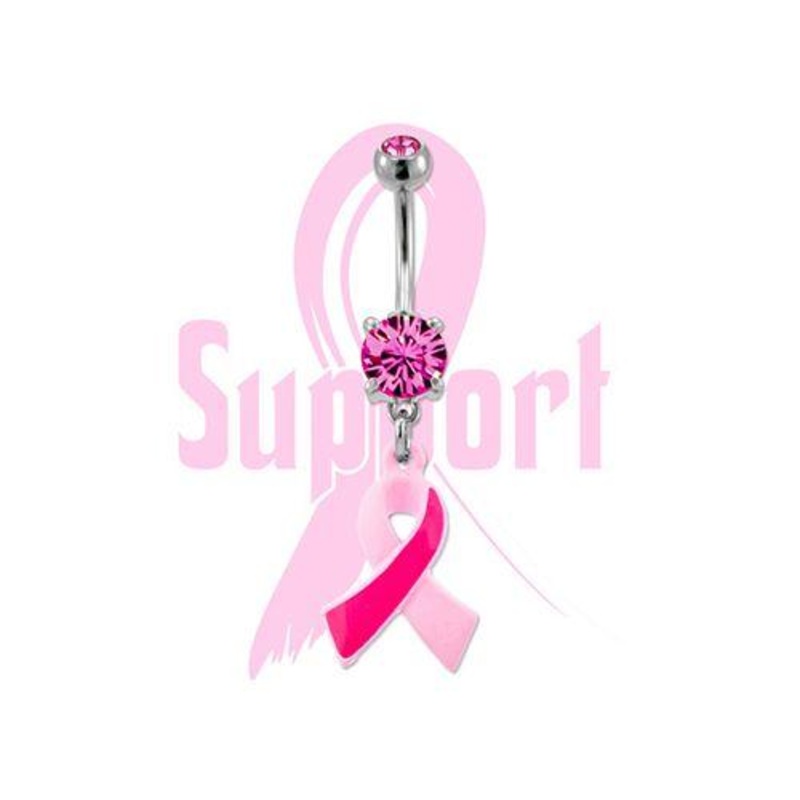 Breast Cancer Awareness Support Dangle Belly Ring Ribbon 14G (1.6mm) Length: 3/8″ (10mm) | Ball-Size: 5mmX8mm Gem: PINK | Jewelry: HIGH POLISH