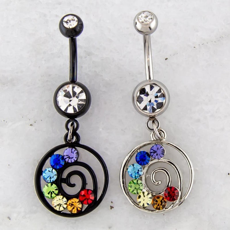 Chakra Swirl Dangle Belly Ring 14G (1.6mm) Length: 3/8″ (10mm) | Ball-Size: 5mmX8mm Gem: CLEAR | Jewelry: BLACK PVD