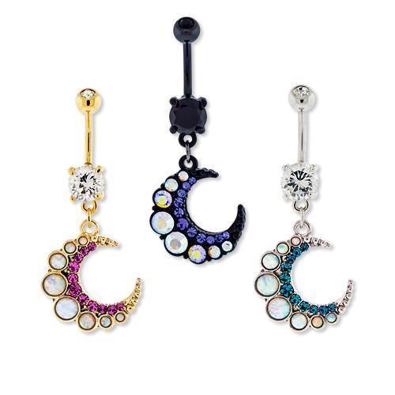 Crescent Moon Dangle Opal Accent Dangle Belly Ring 14G (1.6mm) Length: 3/8″ (10mm) | Ball-Size: 5mmX8mm BLACK/AB