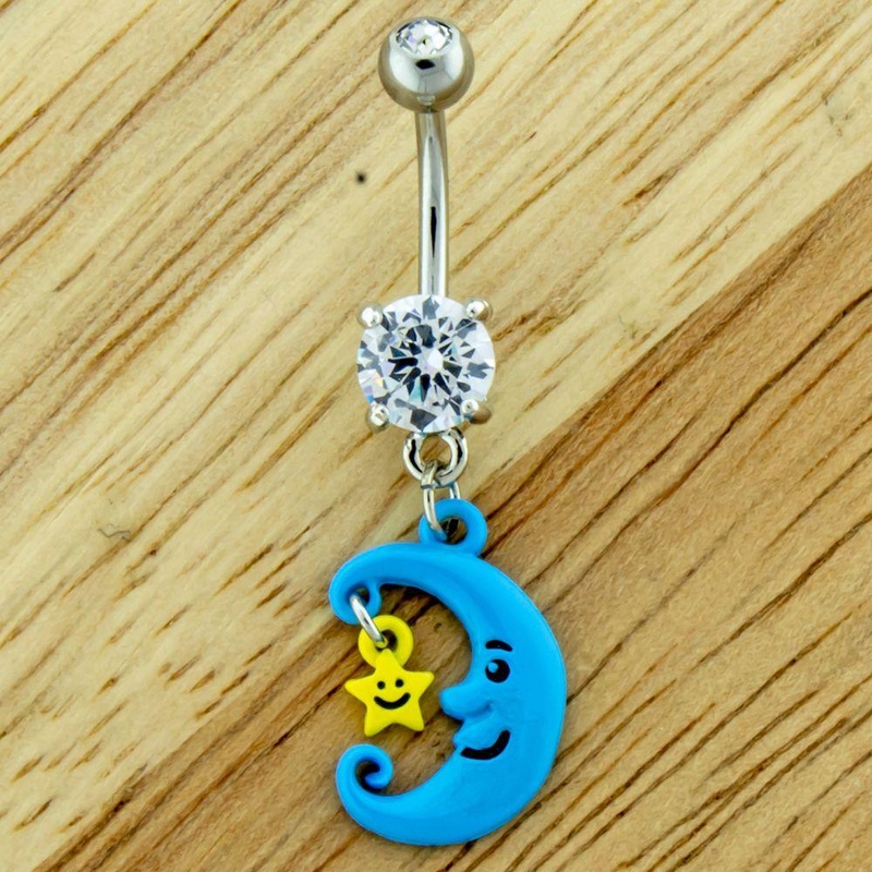 Smiling Crescent Moon Small Star Dangle Belly Ring 14G (1.6mm) Length: 3/8″ (10mm) | Ball-Size: 5mmX8mm Gem: CLEAR