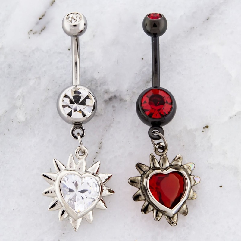 Spike Heart Dangle Belly Ring 14G (1.6mm) Length: 3/8″ (10mm) | Ball-Size: 5mmX8mm Gem: CLEAR