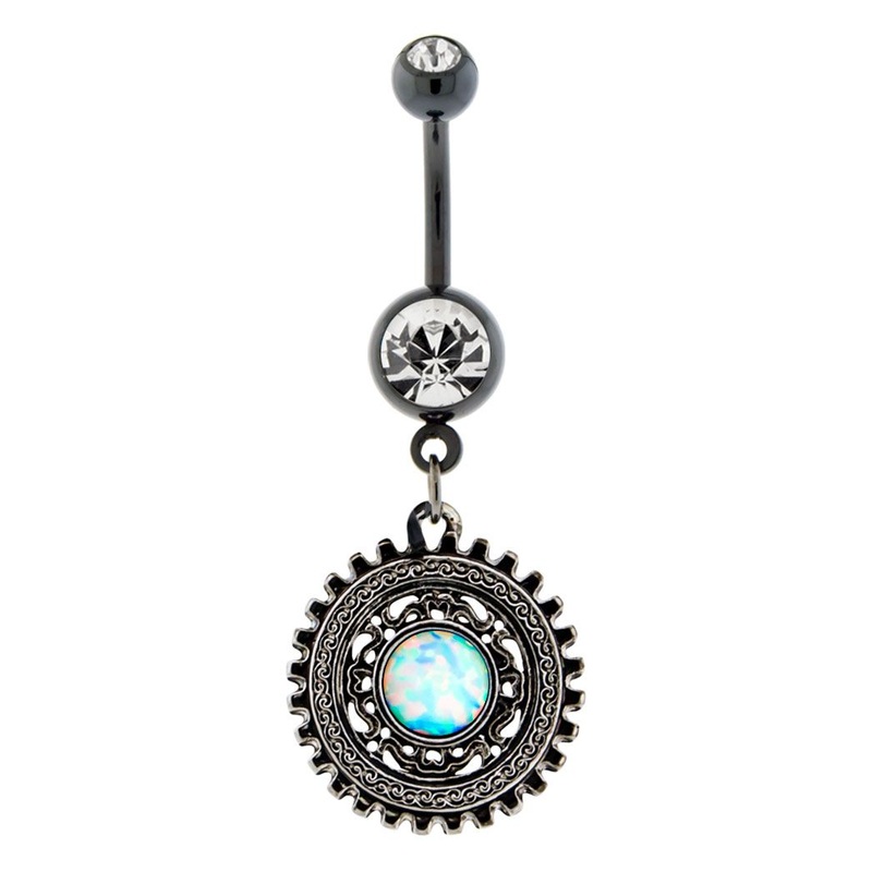 Steampunk Dangle Belly Ring 14G (1.6mm) Length: 3/8″ (10mm) | Ball-Size: 5mmX8mm Gem: WHITE OPAL | Jewelry: BLACK PVD