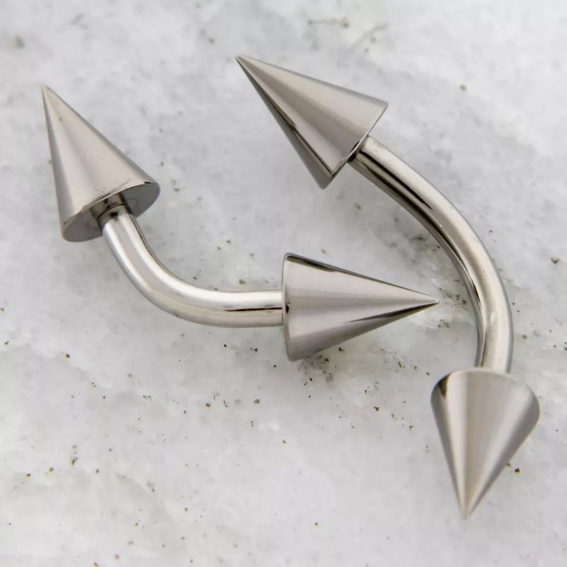 Steel Curved Barbell W/ Cones / Spikes  – 1 Piece #SPLT#6 14G (1.6mm) Length: 3/8″ (10mm) | Ball-Size: 4mm