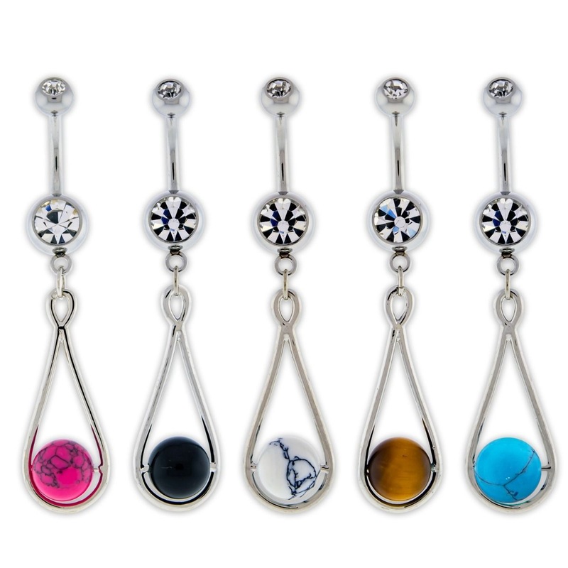 Stone Accent Dangle Belly Ring 14G (1.6mm) Length: 3/8″ (10mm) | Ball-Size: 5mmX8mm Gem: HOWLITE | Jewelry: HIGH POLISH