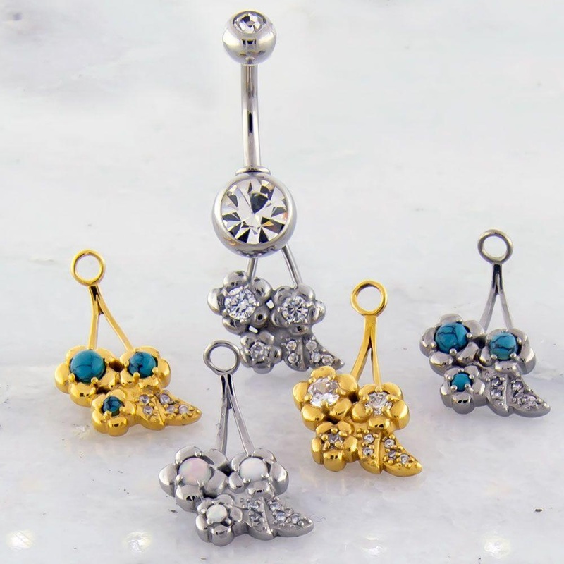 Stone Flower Navel Hanger 14G (1.6mm) . Gem: CLEAR | Jewelry: GOLD PVD